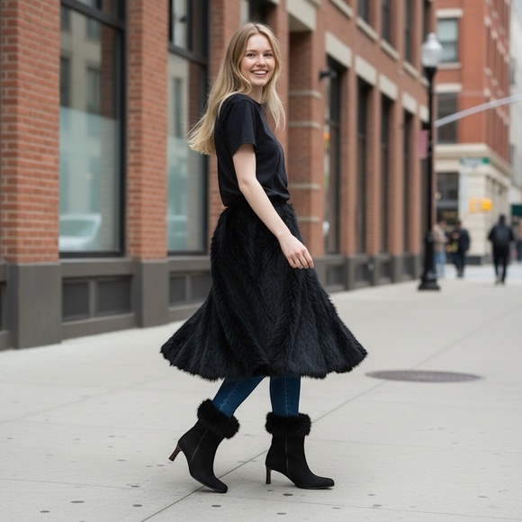 Vintage black suede booties Italy women’s size 40 USA 9B fur trim bohochic zips - Picture 2 of 16